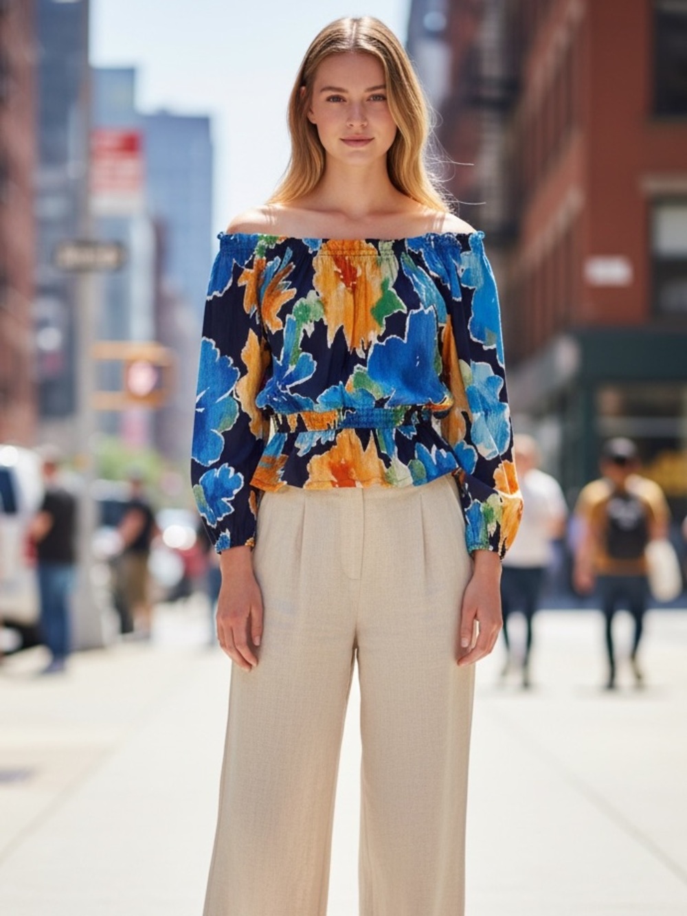 LAUREN RALPH LAUREN BLACK LABEL NAVY WATERCOLOR FLORAL PEASANT BLOUSE NWT SMALL